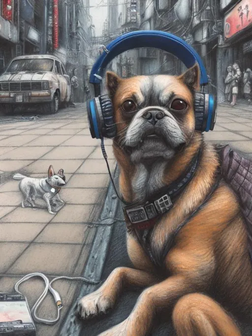 Prompt: chalk pastel art of a detailed dog listening to music on the streets in post-apocalyptic Japan during a festival with planes in the background, sketch, detailed background, highres, fun atmosphere, natural lighting,  abstract, fun