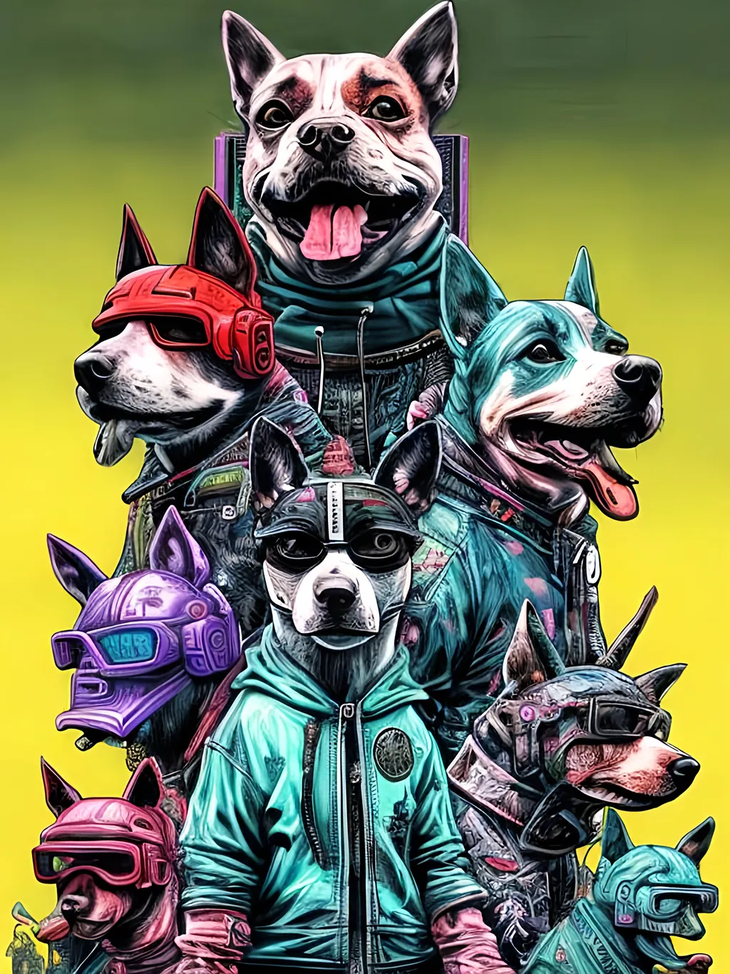 Prompt: pop art chalk pastel art of detailed dogs wearing gangster clothes playing in the streets in cyberpunk japan during a festival, sketch, detailed background, highres, fun atmosphere, natural lighting,  abstract, fun