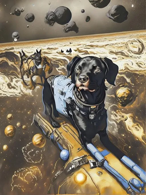 Prompt: Surrealism black dogs in cowboy outfits in space, abstract art style, cowboy hat, fun atmosphere, floating celestial bodies, mysterious nebulae, dreamlike, surreal, high contrast, otherworldly, abstract, space, astronaut, fun atmosphere, celestial bodies, dreamlike, surreal, high contrast, mysterious, nebulae, dogs, Pro trump clothing