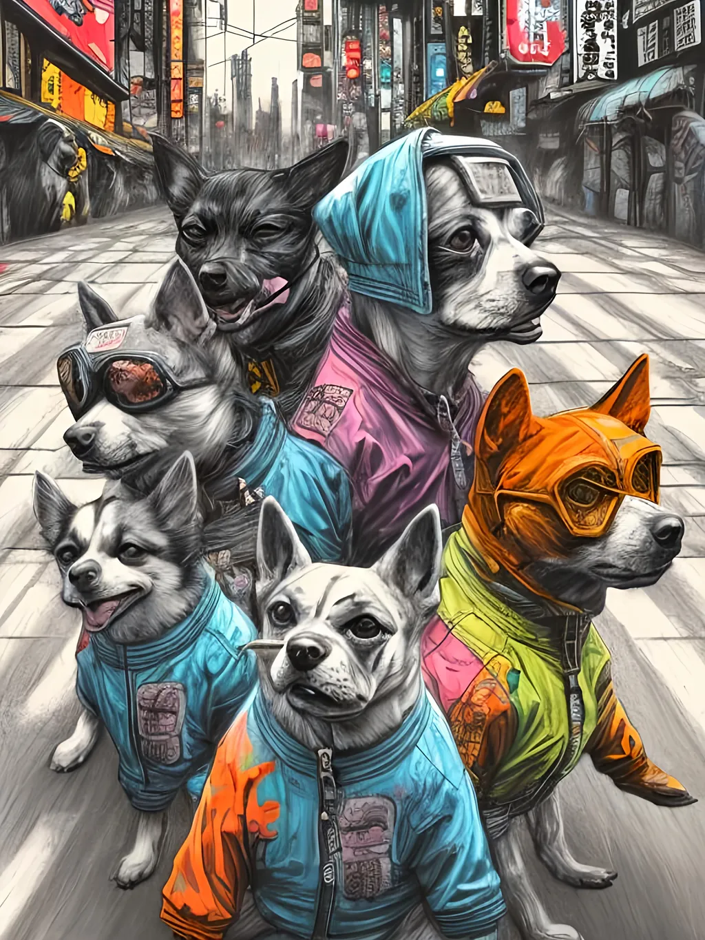 Prompt: pop art chalk pastel art of detailed dogs wearing gangster clothes playing in the streets in cyberpunk japan during a festival, sketch, detailed background, highres, fun atmosphere, natural lighting,  abstract, fun