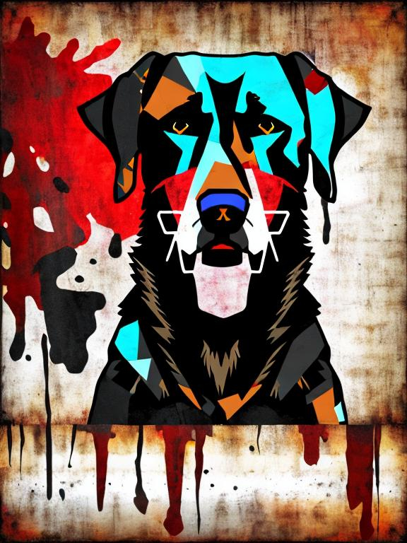 Prompt: Mountain cur black dog in redneck clothing abstract art style