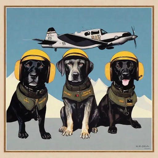 Prompt: mountain cur black dogs in pilots uniform 90s poster art