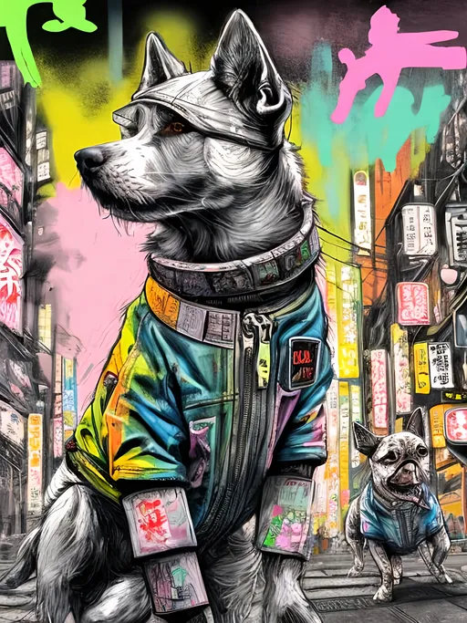 Prompt: pop art chalk pastel art of detailed dogs wearing gangster clothes playing in the streets in cyberpunk japan during a festival, sketch, detailed background, highres, fun atmosphere, natural lighting,  abstract, fun