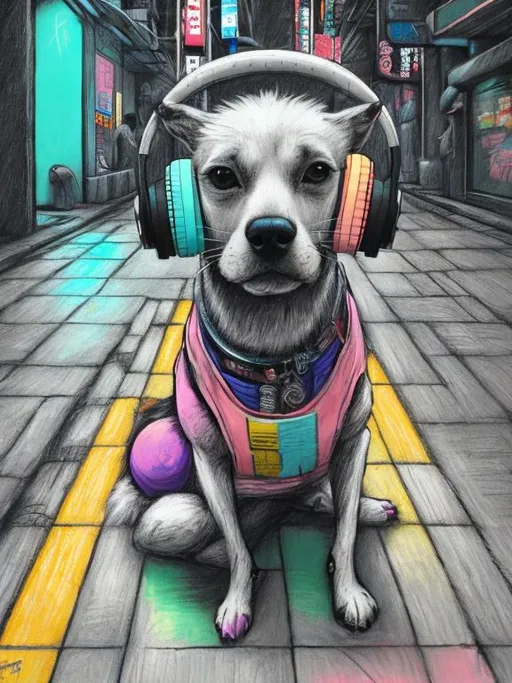 Prompt: pop art chalk pastel art of a detailed dog listening to music on the streets in cyberpunk japan during a festival, sketch, detailed background, highres, fun atmosphere, natural lighting,  abstract, fun