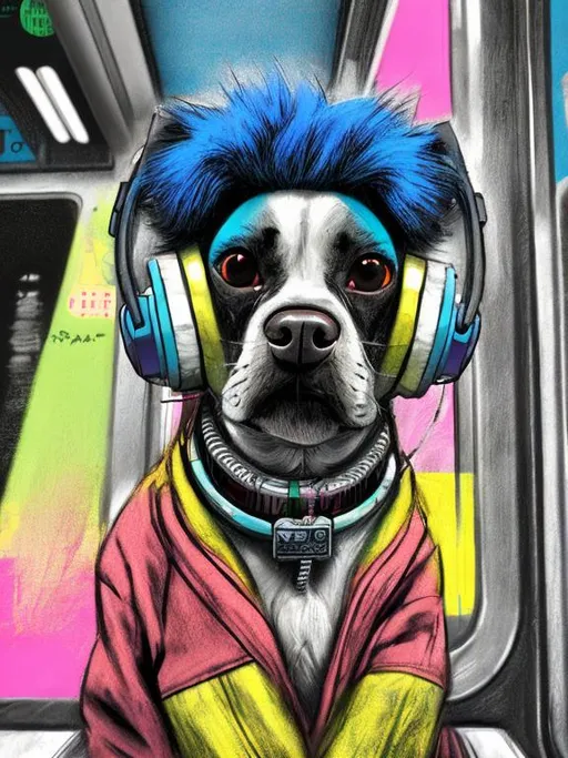 Prompt: pop art chalk pastel art of a detailed dog listening to music on the subway train in cyberpunk japan, sketch, detailed background, highres, fun atmosphere, natural lighting,  abstract, fun