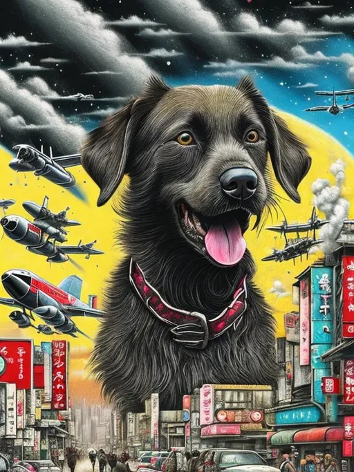 Prompt: pop art chalk pastel art of a detailed happy mountain cur black dog on the streets in post-apocalyptic Japan during a festival with planes in the background, sketch, detailed background, highres, fun atmosphere, natural lighting,  abstract, fun