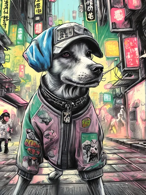 Prompt: pop art chalk pastel art of detailed dogs wearing gangster clothes playing in the streets in cyberpunk japan during a festival, sketch, detailed background, highres, fun atmosphere, natural lighting,  abstract, fun