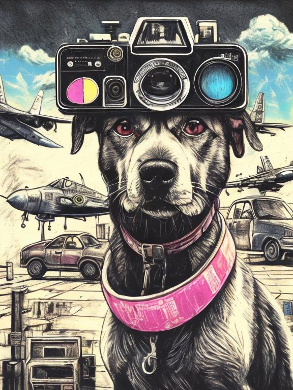 Prompt: pop art chalk pastel art of a detailed dog with a polaroid camera on the streets in post-apocalyptic Japan during a festival with planes in the background, sketch, detailed background, highres, fun atmosphere, natural lighting,  abstract, fun