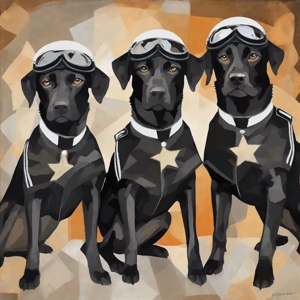 Prompt: mountain cur black dogs in pilot uniform abstract art