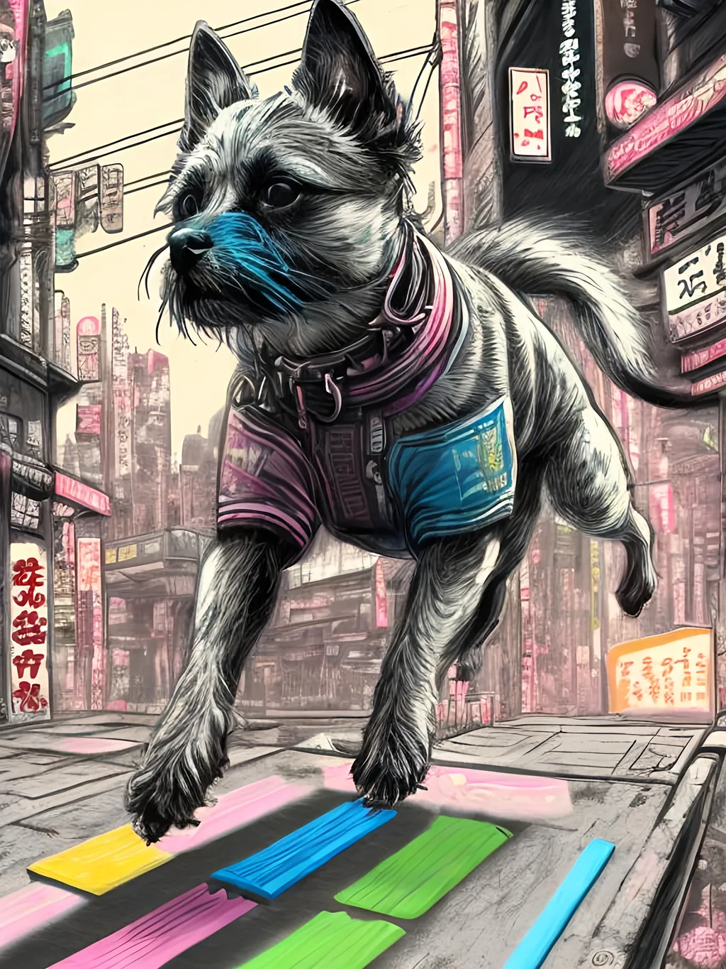 Prompt: pop art chalk pastel art of detailed dog doing parkour in cyberpunk japan during a festival, sketch, detailed background, highres, fun atmosphere, natural lighting,  abstract, fun