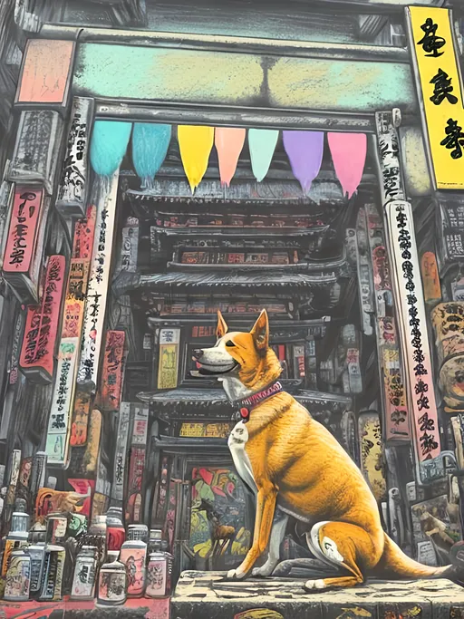 Prompt: pop art chalk pastel art of detailed dog at a shrine in cyberpunk japan, sketch, detailed background, highres, fun atmosphere, natural lighting,  abstract, fun