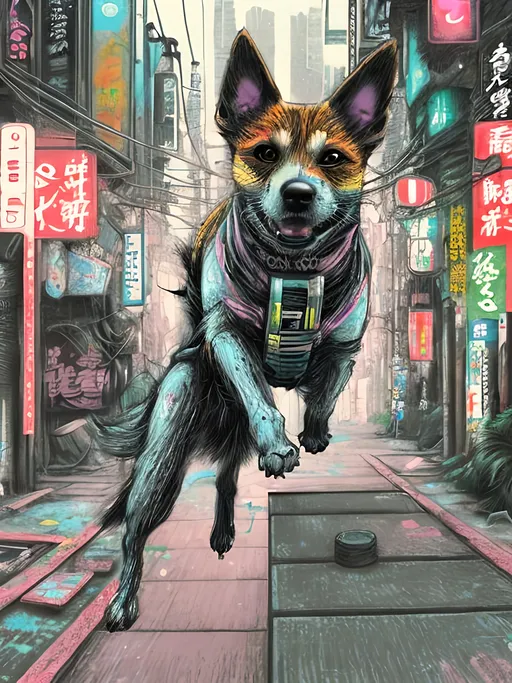 Prompt: pop art chalk pastel art of detailed dog doing parkour in cyberpunk japan during a festival, sketch, detailed background, highres, fun atmosphere, natural lighting,  abstract, fun