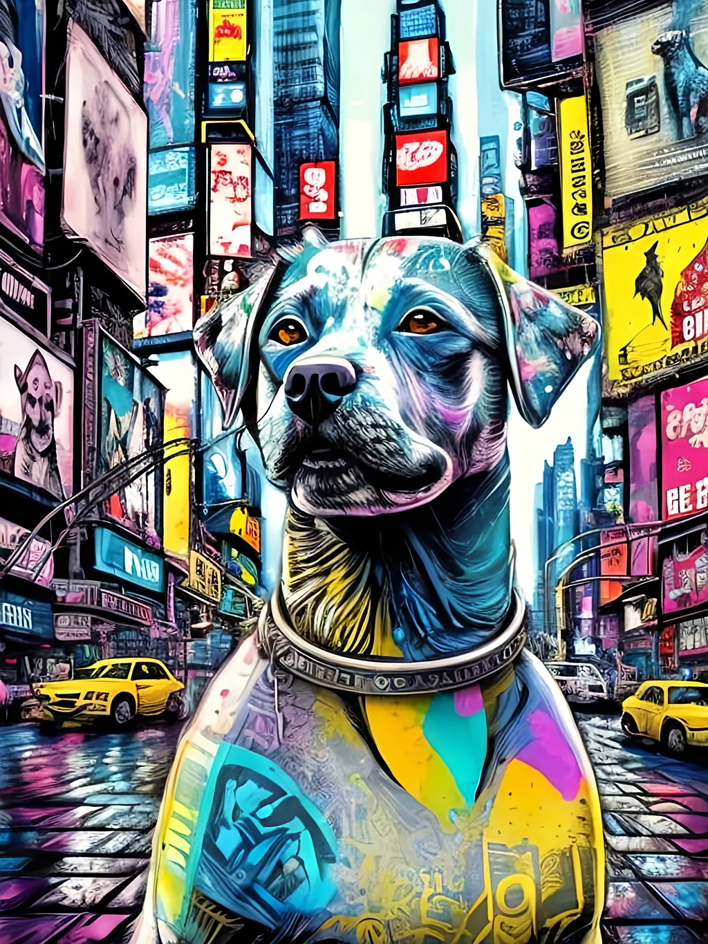 Prompt: pop art chalk pastel style of a  detailed dog stoned in cyberpunk times square, sketch, detailed background, highres, fun atmosphere, natural lighting,  abstract, fun