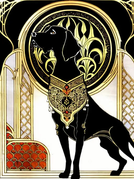 Prompt: black dog in persian clothing Art Nouveau style