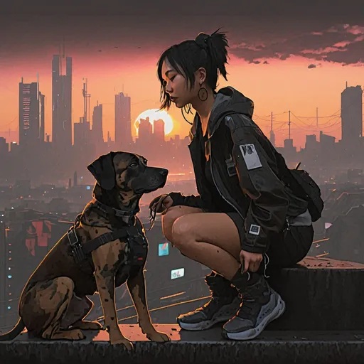 Prompt: sunset cyberpunk city with dogs black mountain cur and asian girl
