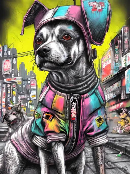 Prompt: pop art chalk pastel art of detailed dogs wearing gangster clothes playing in the streets in cyberpunk japan during a festival, sketch, detailed background, highres, fun atmosphere, natural lighting,  abstract, fun