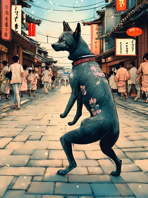 Prompt: chalk pastel style of a detailed dog dancing in the streets in japan during a festival, sketch, detailed background, highres, fun atmosphere, natural lighting,  abstract, fun