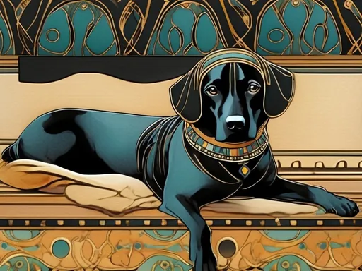 Prompt: Art Nouveau style black dogs in egyptian clothing