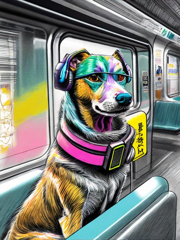 Prompt: pop art chalk pastel art of a detailed dog listening to music on the train in cyberpunk japan during a festival, sketch, detailed background, highres, fun atmosphere, natural lighting,  abstract, fun