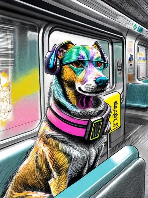 Prompt: pop art chalk pastel art of a detailed dog listening to music on the train in cyberpunk japan during a festival, sketch, detailed background, highres, fun atmosphere, natural lighting,  abstract, fun