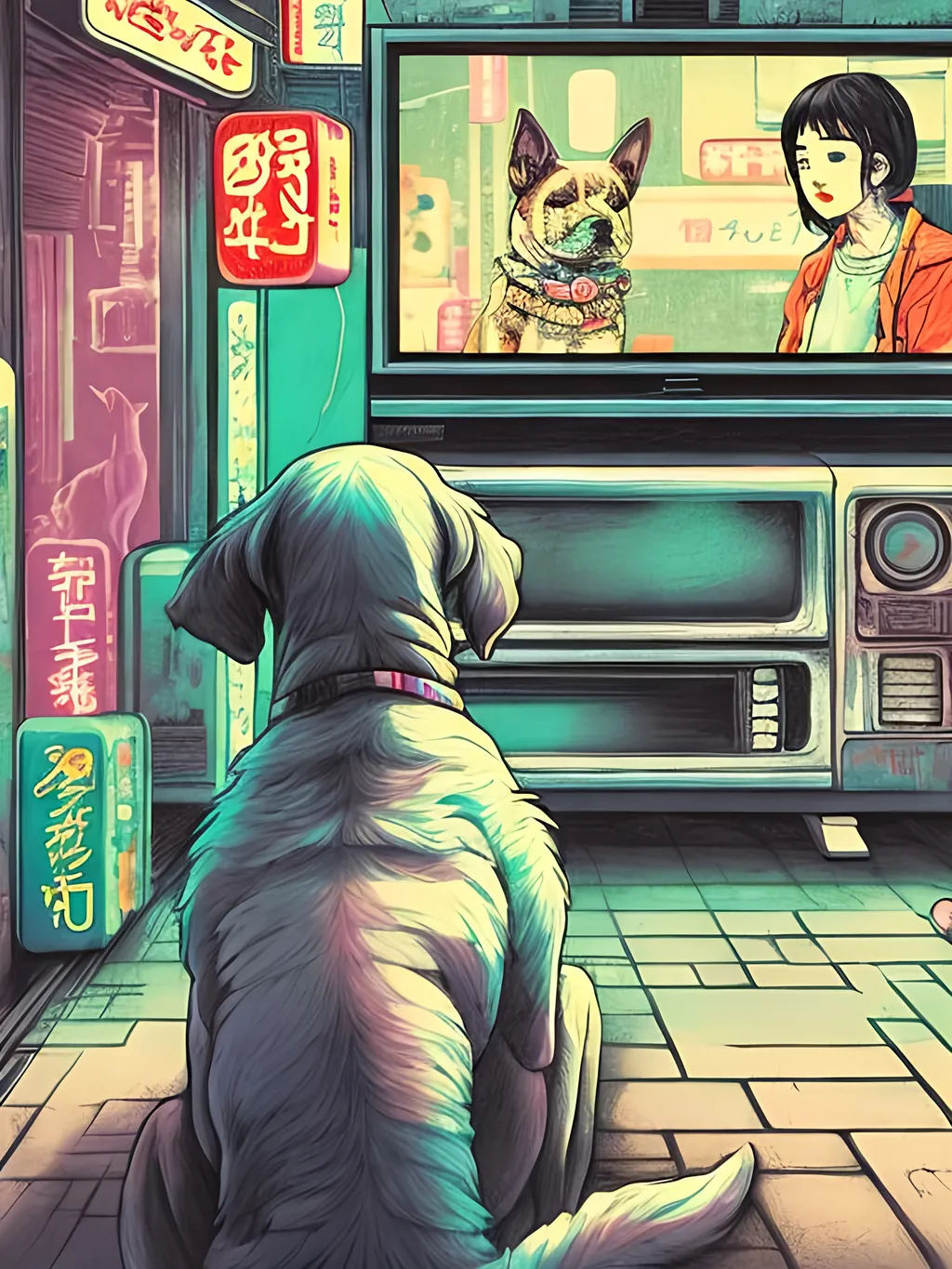 Prompt: pop art chalk pastel art of detailed dog watching tv in the streets in cyberpunk japan during a festival, sketch, detailed background, highres, fun atmosphere, natural lighting,  abstract, fun