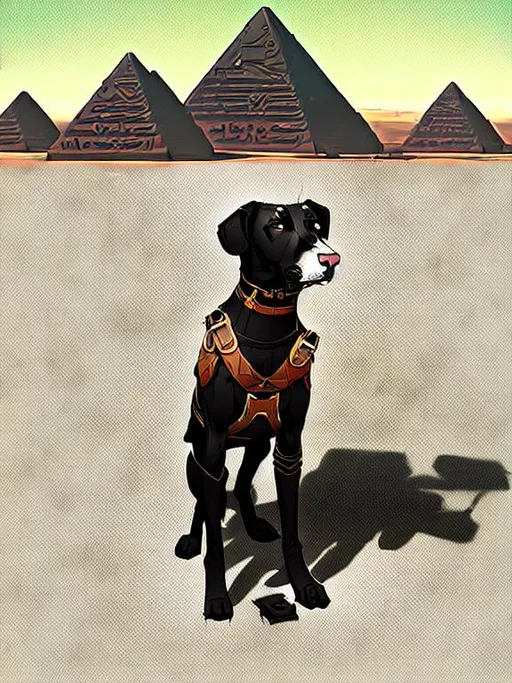 Prompt: black mountain cur dog in military gear in egypt