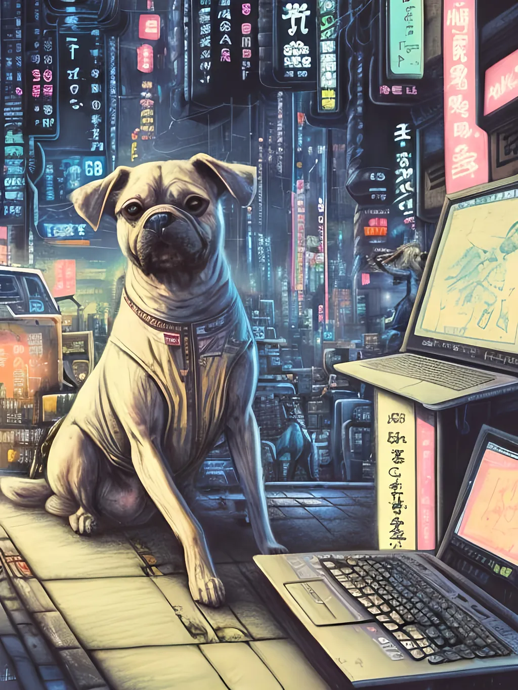 Prompt: chalk pastel art of a detailed dog hacking a computer on the streets in cyberpunk japan with planes in the background, sketch, detailed background, highres, fun atmosphere, natural lighting,  abstract, fun