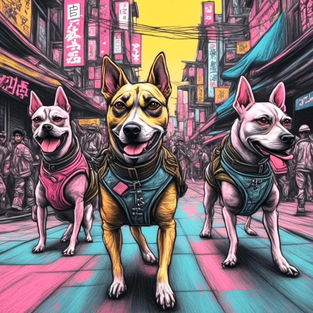 Prompt: pop art chalk pastel art of detailed dog wearing military uniforms<mymodel> playing in the streets in cyberpunk japan during a festival, sketch, detailed background, highres, fun atmosphere, natural lighting,  abstract, fun