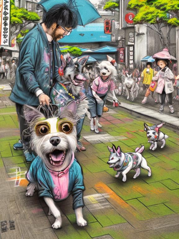 Prompt: pop art chalk pastel art of detailed dogs wearing clothes playing in the streets in japan during a festival, sketch, detailed background, highres, fun atmosphere, natural lighting,  abstract, fun