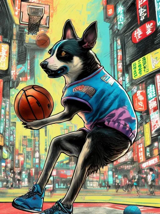 Prompt: pop art chalk pastel art of detailed dog playing basket ball game in cyberpunk japan, sketch, detailed background, highres, fun atmosphere, natural lighting,  abstract, fun