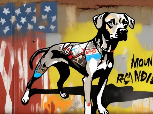 Prompt: Mountain cur black dog in redneck clothing graffiti art style