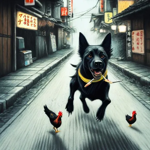 Prompt: chalk pastel art of a black dog wearing  clothes chasing a chicken in the streets in japan, sketch, detailed background, highres, fun atmosphere, natural lighting, pastel colors, abstract, fun