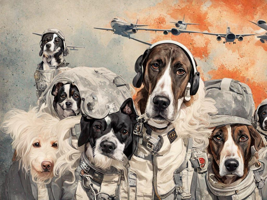 Prompt: black mountain cur dogs rap album dressed as airplane pilots