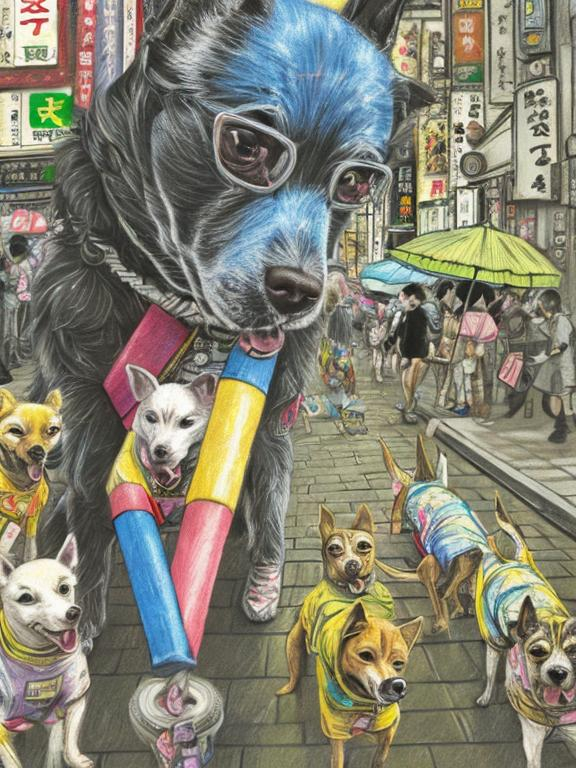 Prompt: pop art chalk pastel art of detailed dogs wearing clothes playing in the streets in japan during a festival, sketch, detailed background, highres, fun atmosphere, natural lighting,  abstract, fun