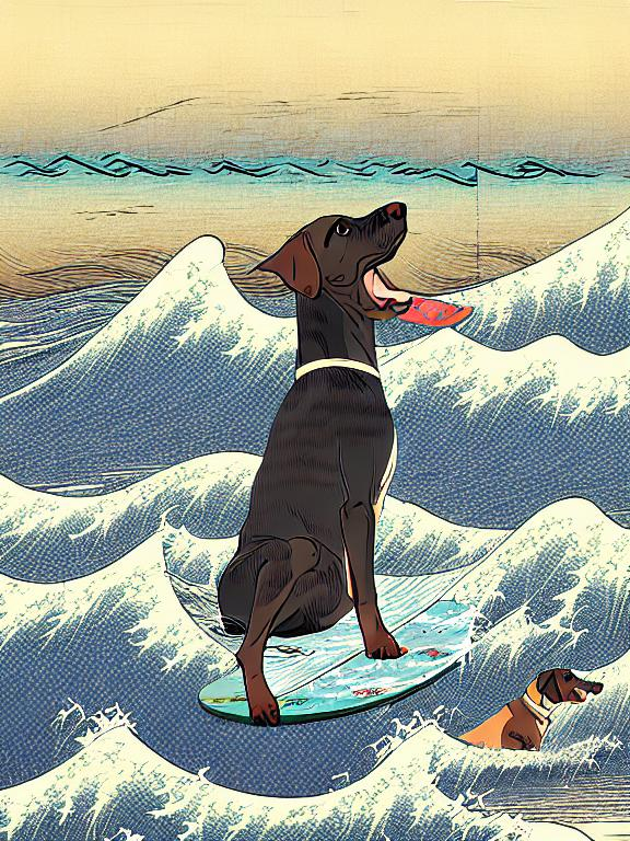 Prompt: black mountain cur dogs surfing in hiroshige wave 