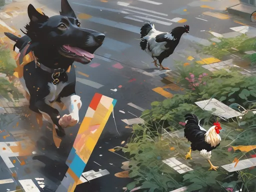 Prompt: a black dog wearing clothes chasing a chicken in the streets, dogs, abstract art, Action Painting, Screen print, splash screen art, digital art, 8k resolution trending on Artstation, golden ratio, akira, symmetrical, rule of thirds, geometric bauhaus, Studio Ghibli, Anime Key Visual, by Makoto Shinkai, Deep Color, Intricate, Beautiful Composition