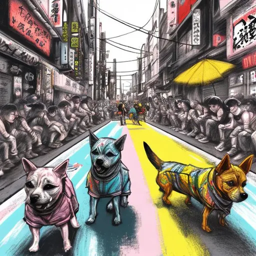 Prompt: pop art chalk pastel art of detailed dogs wearing gangster clothes playing in the streets in japan during a festival, sketch, detailed background, highres, fun atmosphere, natural lighting,  abstract, fun