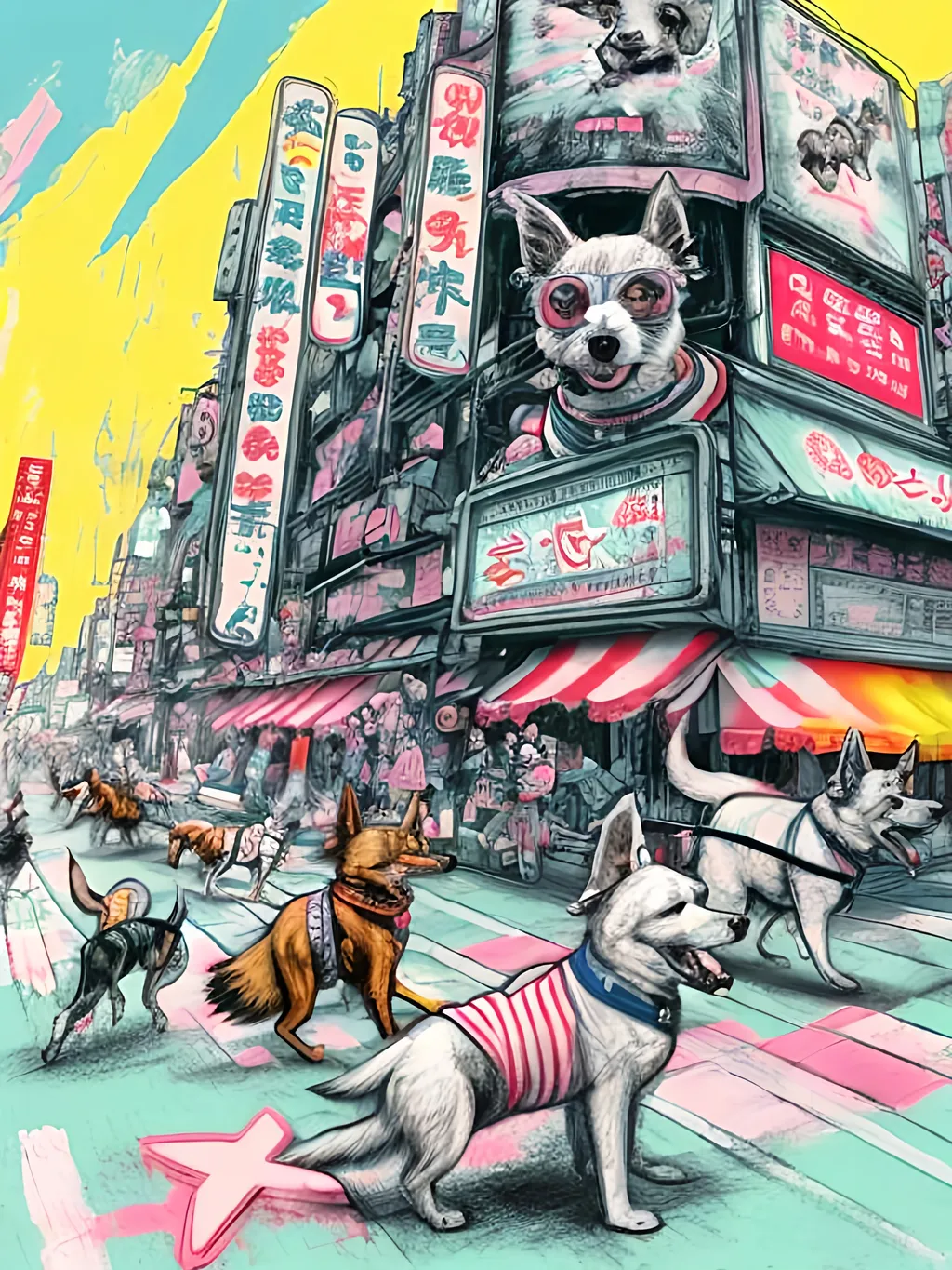 Prompt: pop art chalk pastel art of detailed dogs wearing sailor uniforms playing in the streets in cyberpunk japan during a festival, sketch, detailed background, highres, fun atmosphere, natural lighting,  abstract, fun