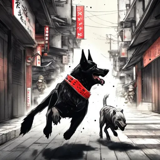 Prompt: sketch art of a black dog wearing soldier clothes chasing a chicken in the streets in japan, sketch, detailed background, highres, fun atmosphere, natural lighting, pastel colors, abstract, fun