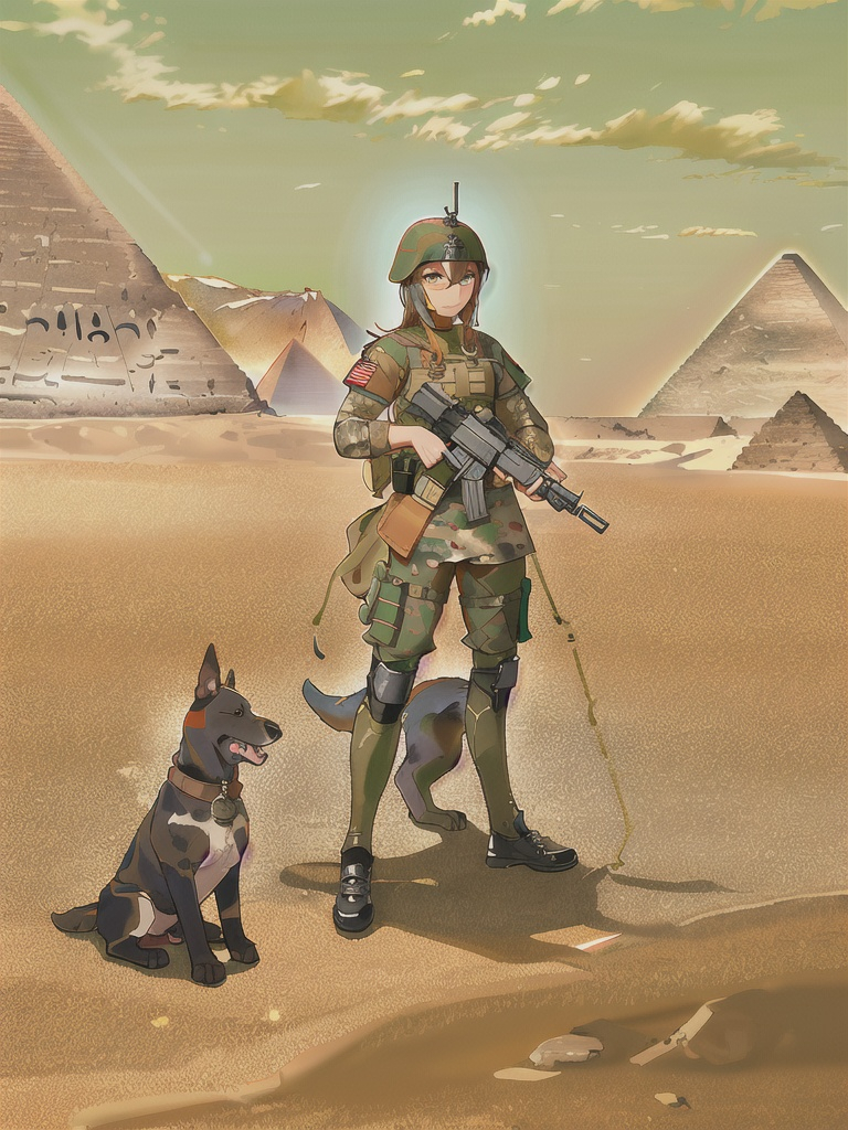 Prompt: black mountain cur dog in military gear in egypt