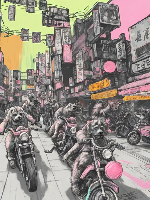 Prompt: pop art chalk pastel art of detailed dogs wearing biker gang clothes playing in the streets in cyberpunk japan during a festival, sketch, detailed background, highres, fun atmosphere, natural lighting,  abstract, fun