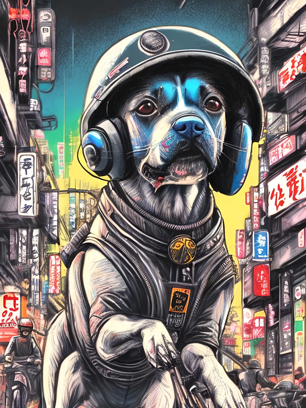 Prompt: pop art chalk pastel art of a detailed dog wearing a pilot uniform playing in the streets in cyberpunk japan during a festival, sketch, detailed background, highres, fun atmosphere, natural lighting,  abstract, fun