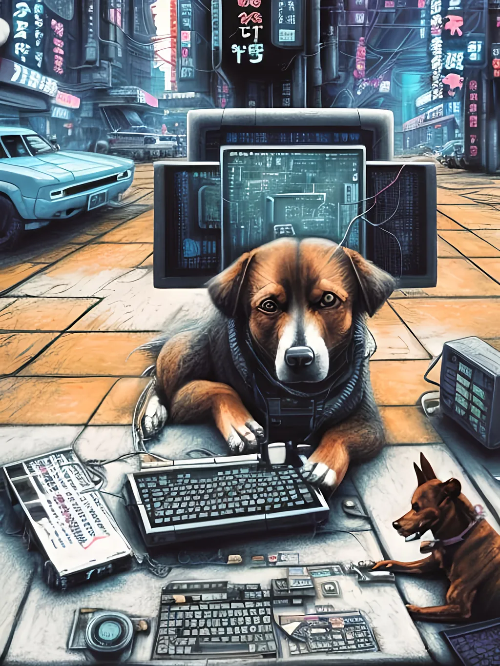 Prompt: chalk pastel art of a detailed dog hacking a computer on the streets in cyberpunk japan with planes in the background, sketch, detailed background, highres, fun atmosphere, natural lighting,  abstract, fun