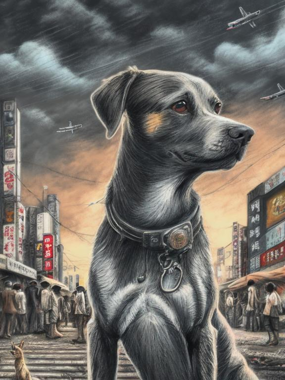 Prompt: chalk pastel art of a detailed dog on the streets in post-apocalyptic Japan during a festival with planes in the background, sketch, detailed background, highres, fun atmosphere, natural lighting,  abstract, fun