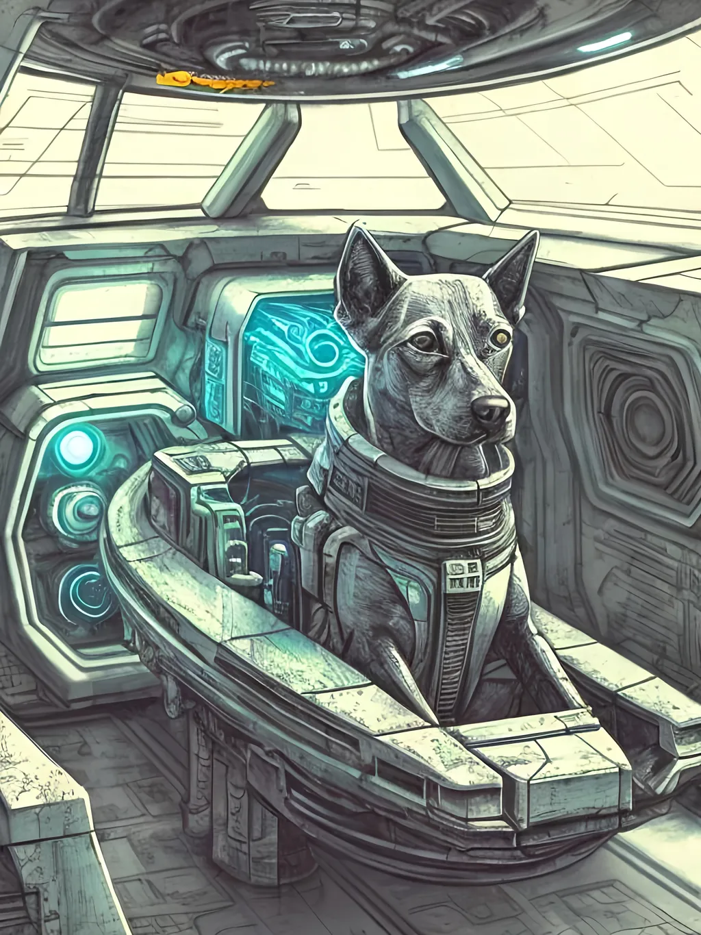 Prompt: chalk pastel style of a  detailed dog in a cyberpunk spaceship, sketch, detailed background, highres, fun atmosphere, natural lighting,  abstract, fun