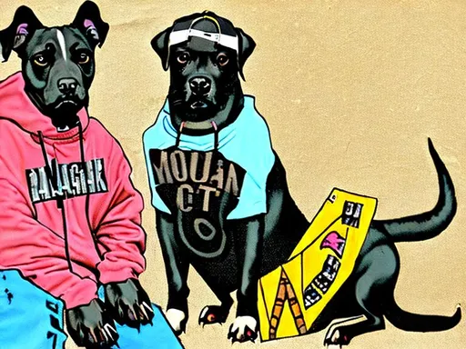 Prompt: mountain cur black dogs in gangster rappers clothing graffiti