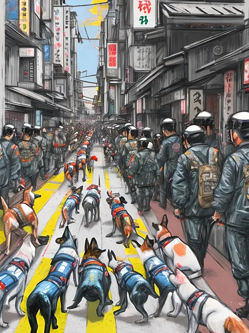 Prompt: pop art chalk pastel art of detailed dogs wearing pilot uniforms playing in the streets in japan during a festival, sketch, detailed background, highres, fun atmosphere, natural lighting,  abstract, fun