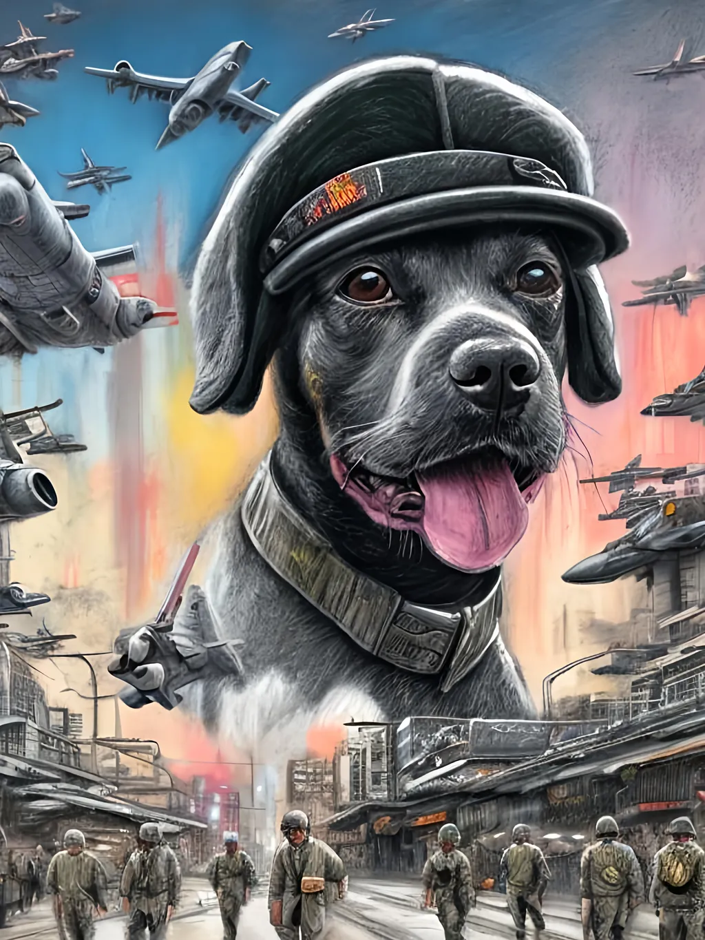 Prompt: chalk pastel art of a detailed dogs wearing military uniforms on the streets in cyberpunk japan during a festival with planes in the background, sketch, detailed background, highres, fun atmosphere, natural lighting,  abstract, fun