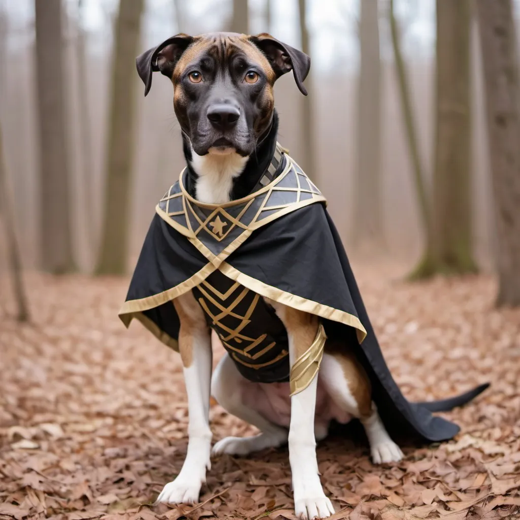 Prompt: black mountain cur dog LARPing in cosplay