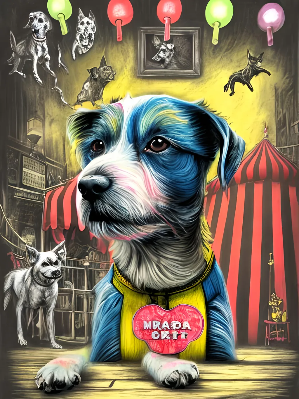 Prompt: pop art chalk pastel art of detailed dog in a haunted circus in Japan, sketch, detailed background, highres, fun atmosphere, natural lighting,  abstract, fun